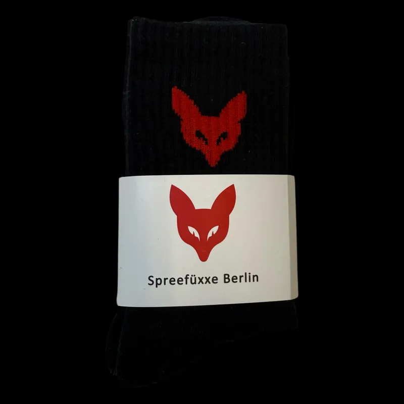 Schwarze Vereinssocken der Spreefüxxe Berlin (Handball) mit eingestricktem rotem Fuchs-Logo